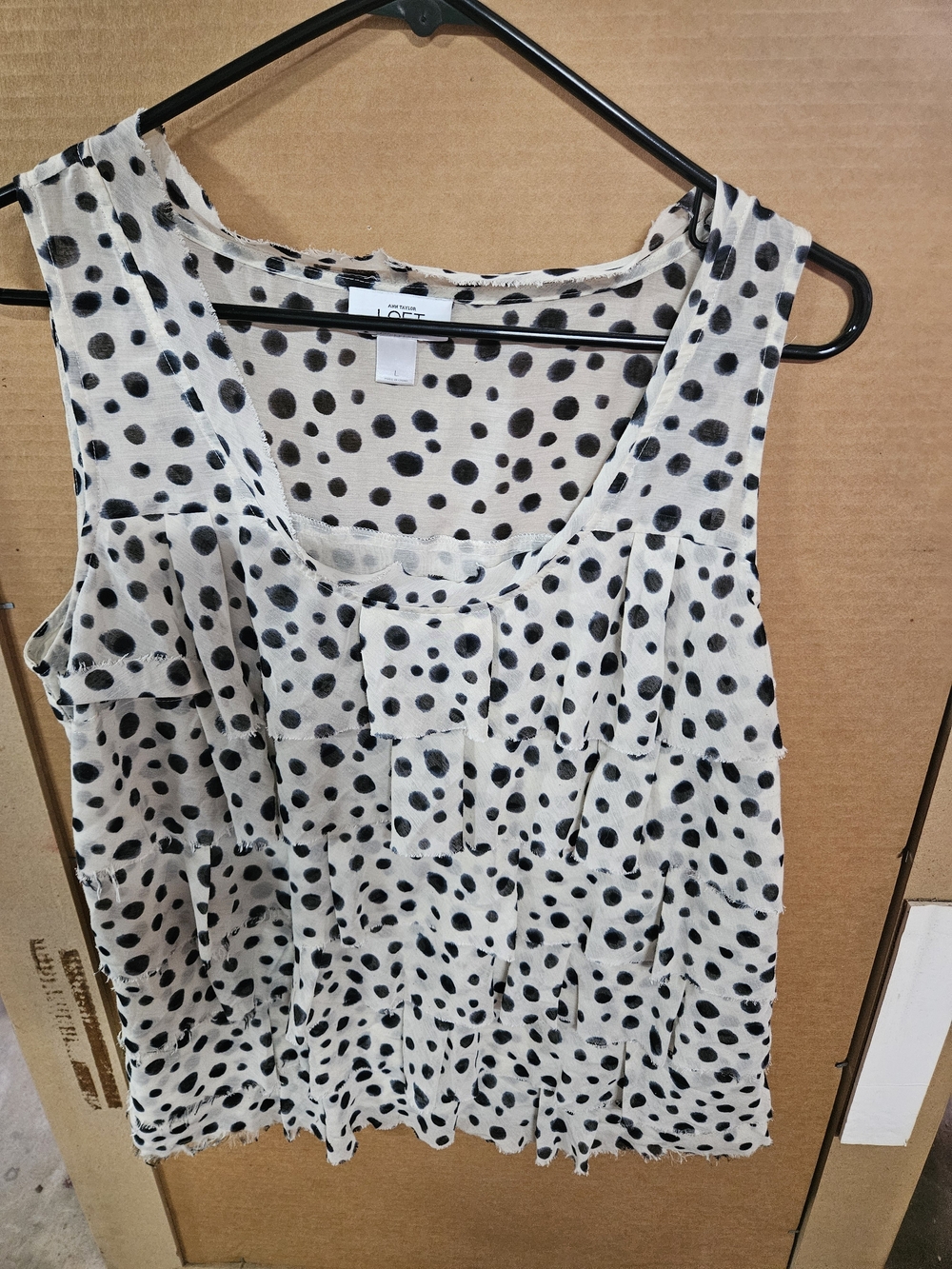 LOFT White & Blue Polka Dot Sleeveless Ruffle Top